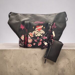 Ed Hardy Black Tote with Colorful Embroidered Skull and Flowers
